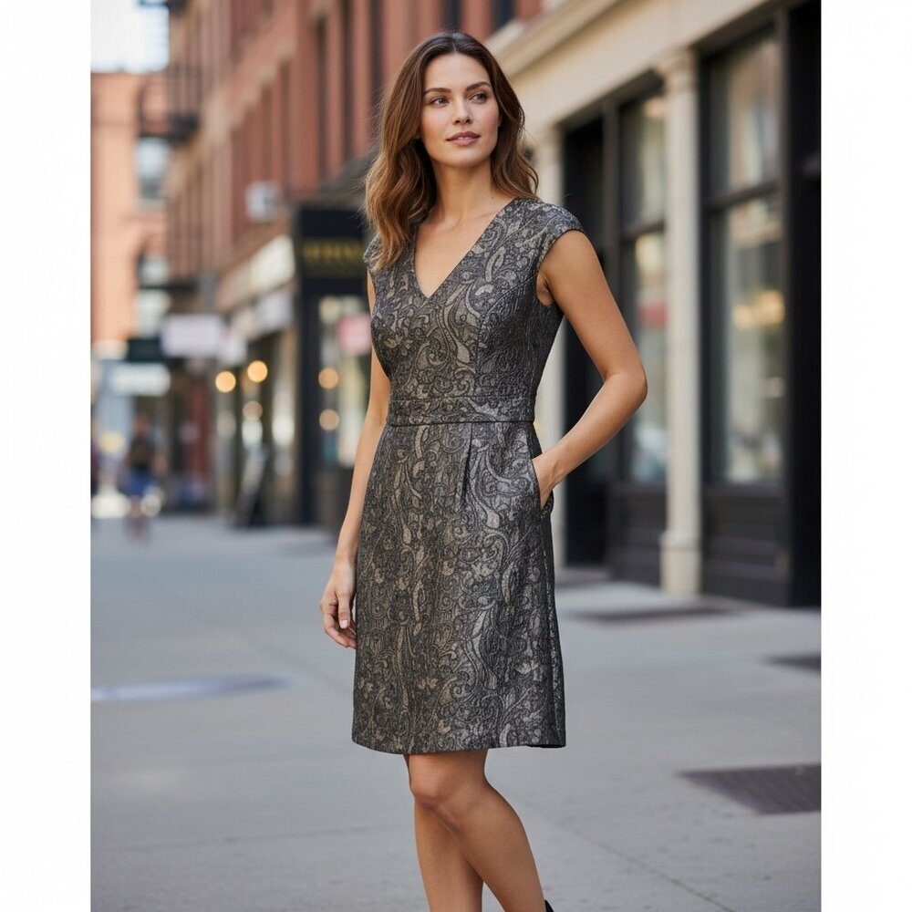 MSSP Max Studio Metallic Jacquard Fancy Cocktail Dress Sz S #66D‎